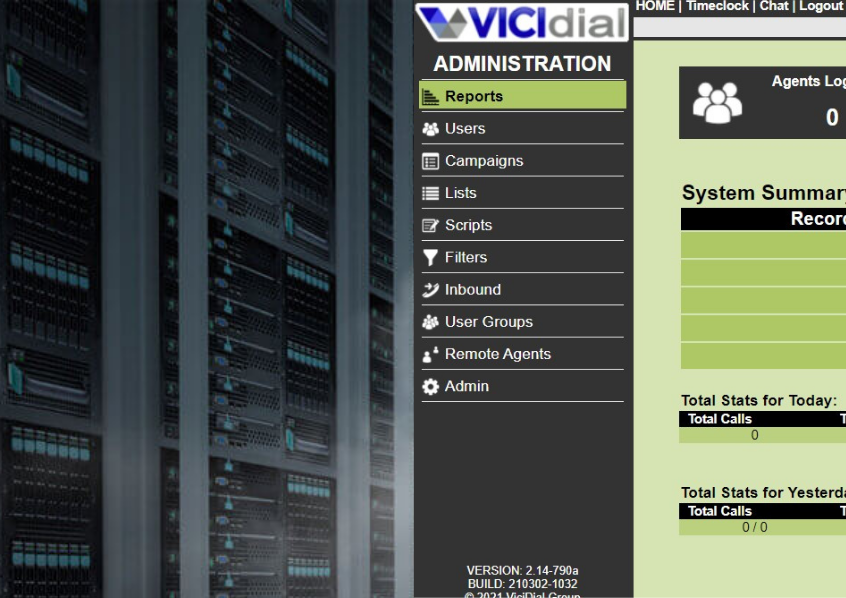 A computer screen displays the VICIdial administration interface from a cloud provider. The interface includes menu options such as Reports, Users, Campaigns, System Settings, Filters, Inbound, User Groups, Remote Agents, and Admin. A sidebar shows server racks on the left.